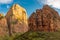 A view of the amazing Angel`s Landing from the canyon floor at Zion National Park, USA against a beautiful bright blue sky