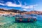 View at amazing archipelago with fishing boats in front of town Hvar, Croatia. Harbor of old Adriatic island town Hvar with