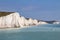 View of the amazing Seven Sisters white chalk cliffs in the county of Sussex, England.