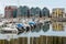 A view of Amble Marina, Amble, Northumberland, UK, from The Braid