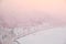 View of the Amur River embankment from the Khabarovsk Cliff in the morning at dawn after heavy snowfall. Trees in the