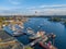 View of amusement park Grona Lund with carousels and tour rides on Djurgarden island Stockholm Sweden