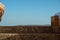 View from ancient castle on wind turbines alternative energy in Ourem. Palace and fortress, located on top of the town