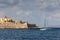 View of the ancient city, sea, fortress and yacht