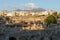 View of ancient Ercolano (Herculaneum) city ruins and Vesuvius mounting at evening