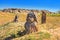 View of the ancient kurgan stelae, stone idols, in the steppe in southern Ukraine