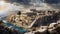 view of an ancient large greek city on the coast with a large acropolis building in the middle