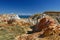 View of the ancient open deposits of multi-colored clays Shekelmes tract in Kazakhstan