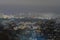 View of the ancient Podil district and modern Obolon district at background. Evening city panorama. Winter weekend evening