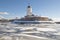 View of the ancient Vyborg castle on a sunny March day. Leningrad region