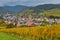 View of Andlau village and church in autumn, Alsace, France