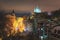 View of the Andreevsky Descent and St. Andrew`s Church at background in winter evening.