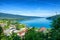 View of Annecy lake in french Alps with Duingt village