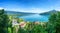 View of Annecy lake in french Alps with Duingt village