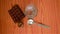 View of antioxidants vitamin tablet, pill blisters, a bottle of drug, capsule in measuring spoon, with glass of water placed on