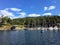 A view from an approaching boat outside the busy Otter Bay marina, on North Pender Island, British Columbia, Canada.