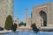 View of an Arab madrasah with lions in winter at Registan Square in Samarkand