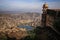 View of the Aravalli Hills, Water Tank and one of the towers of the Nahargarh Fort, Jaipur, Rajasthan, India