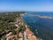 View on Arcachon Bay with many fisherman\\\'s boats and oysters farms near Le Phare du Cap Ferret and Duna du Pilat, Cap Ferret