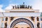 View of Arch of General Staff  in Palace Square at frosty snow winter day, St. Petersburg, Russia