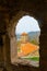 View from arched window of ancient Church of Archangel in Nekresi monastery
