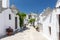 View of architectures with cone roofs made of small stones in Alberobello, Italy