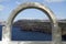 View through archway to aegean sea of santorini island