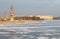 View of the arrow of Vasilevsky island sunny february day. St. Petersburg