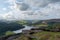 View of the Ashopton Viaduct, Ladybower Reservoir, and Crook Hill in the Derbyshire Peak District National Park