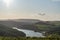 View of the Ashopton Viaduct, Ladybower Reservoir, and Crook Hill in the Derbyshire Peak District National Park