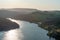 View of the Ashopton Viaduct, Ladybower Reservoir, and Crook Hill in the Derbyshire Peak District National Park