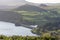 View of the Ashopton Viaduct, Ladybower Reservoir, and Crook Hill in the Derbyshire Peak District National Park