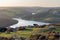 View of the Ashopton Viaduct, Ladybower Reservoir, and Crook Hill in the Derbyshire Peak District National Park