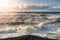 View on Atlantic ocean, Strandhill beach, county Sligo Ireland. Wave hits the coast creating splash of water