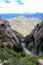 View atop the trainline platform above  Cathedral at Santa Maria de Montserrat abbey in Monistrol, Catalonia, Spain