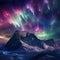 View of the aurora above the clouds and colorful mountains dancing