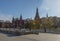 View of the autumn Aleksandrovsky Garden, the Kremlin towers and the Historical Museum in Moscow