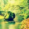 View into autumn mountain river with blurred waves,, fresh green mossy stones and boulders on river bank covered with colorful lea