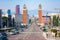 View of Avinguda de la Reina Maria Christina and 47m high Venetian Towers, fountain and Placa d`Espanya, Barcelona, Catalonia in