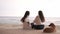View from the back, beautiful dark-haired women with a dog sitting on the beach by the sea