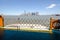 View of the back of the Staten Island Ferry as it sails across New York Bay, looking at the New York City skyline