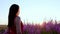 View back of young brunette woman walks along pink field among florets of willow tea, she touch flowers blooming sally