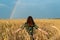 View from the back of a young woman in a field with wheat hands to the sides of the ears on the background of the rainbow, freedom