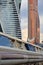 View of Bagration Bridge against background of high-rise buildings in Moscow City on clear sunny day, Moscow, Russia