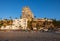 View of Bajondillo Beach and hotels in Torremolinos at sunrise. Costa del Sol,