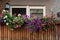 View of the balcony decorated with multicolored beautiful geraniums