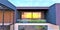 View of the balcony with glass door and fence reflecting amazing sunset and palm trees on the territory of the contemporary estate