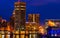 View of the Baltimore Inner Harbor and skyline during twilight f