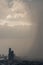 View of Bangkok with city skyscrapers covered in a dense smog before a rain