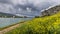 View of the banks of the Rhone with the cliffs and the bridge of the Robinet de Donzere, in springtime in Provence